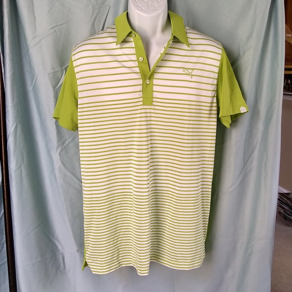 NWT Large Puma Cell Sport Lifestyle Lime Green and White Striped Polo Shirt